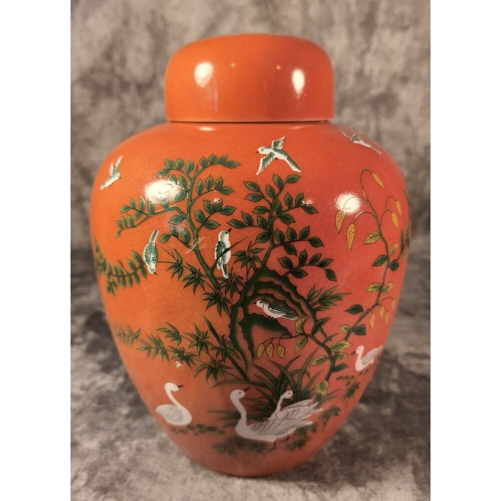 Andrea By Sadek Vintage Orange Porcelain Ginger Jar With Crane & Bamboo Design